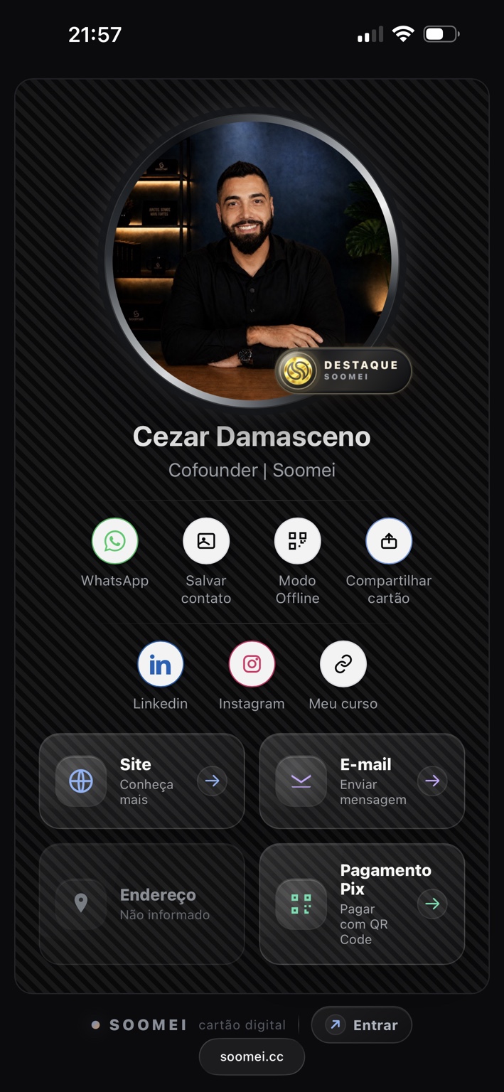 Cartão digital profissional SOOMEI em um smartphone